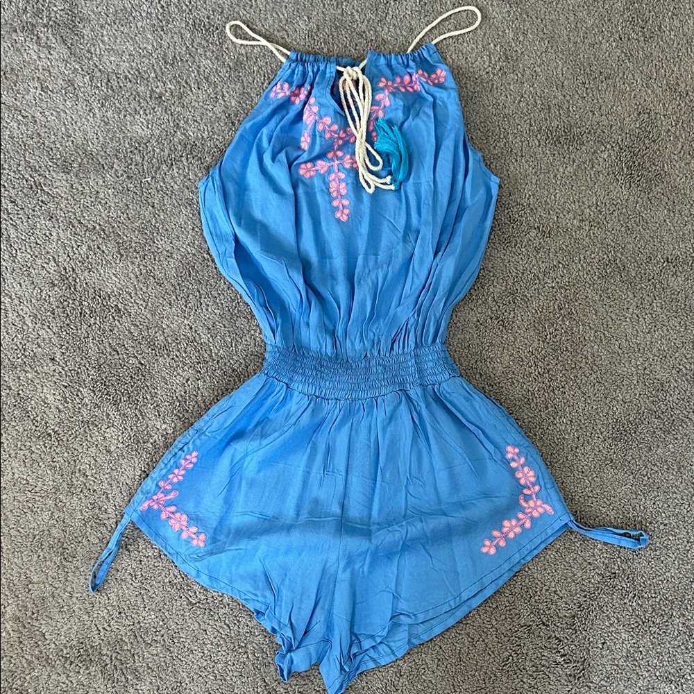 Blue Romper with Pink Embroidery